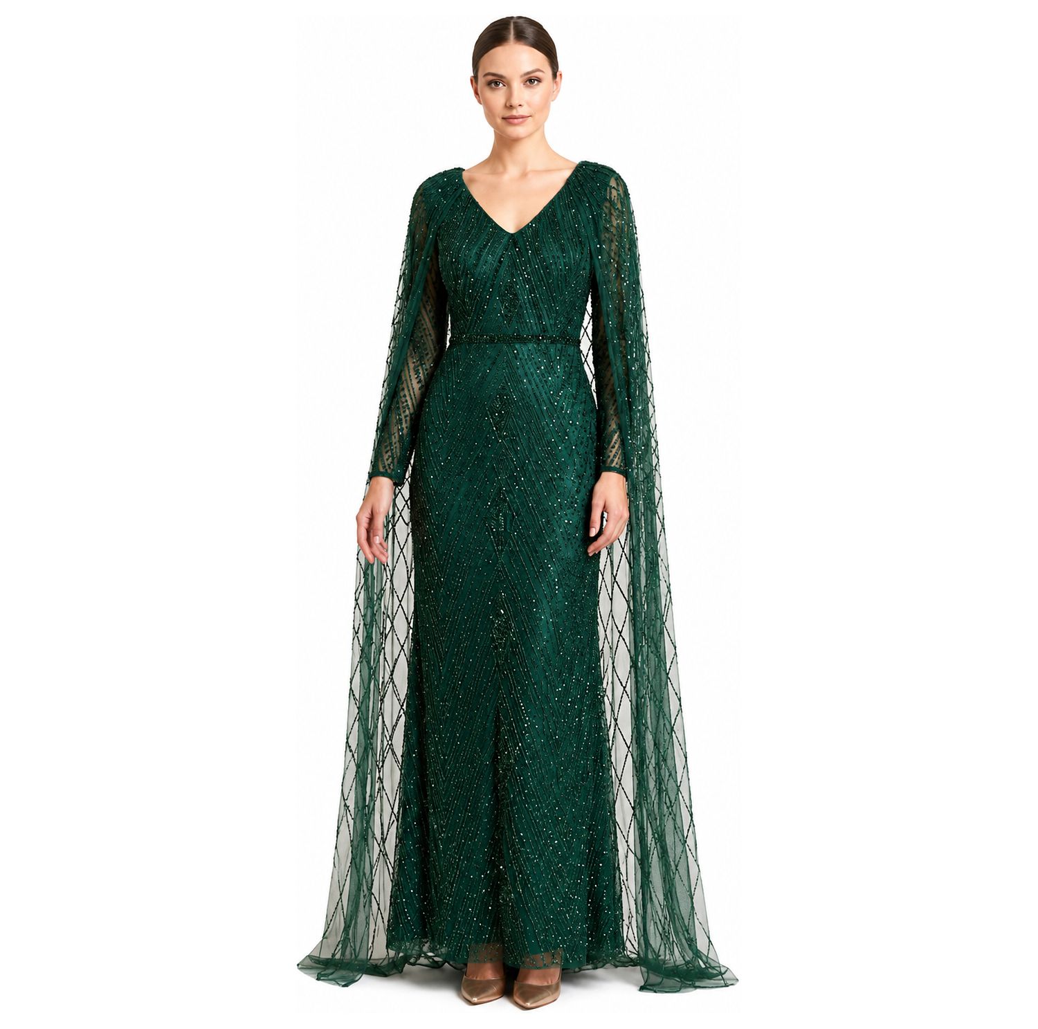 Women's V-Neck Beaded Dress with Long Cape