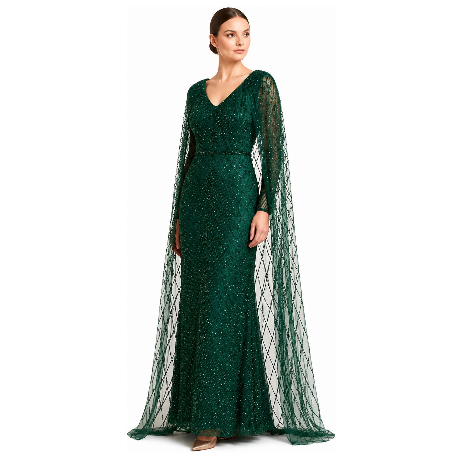 Women's V-Neck Beaded Dress with Long Cape