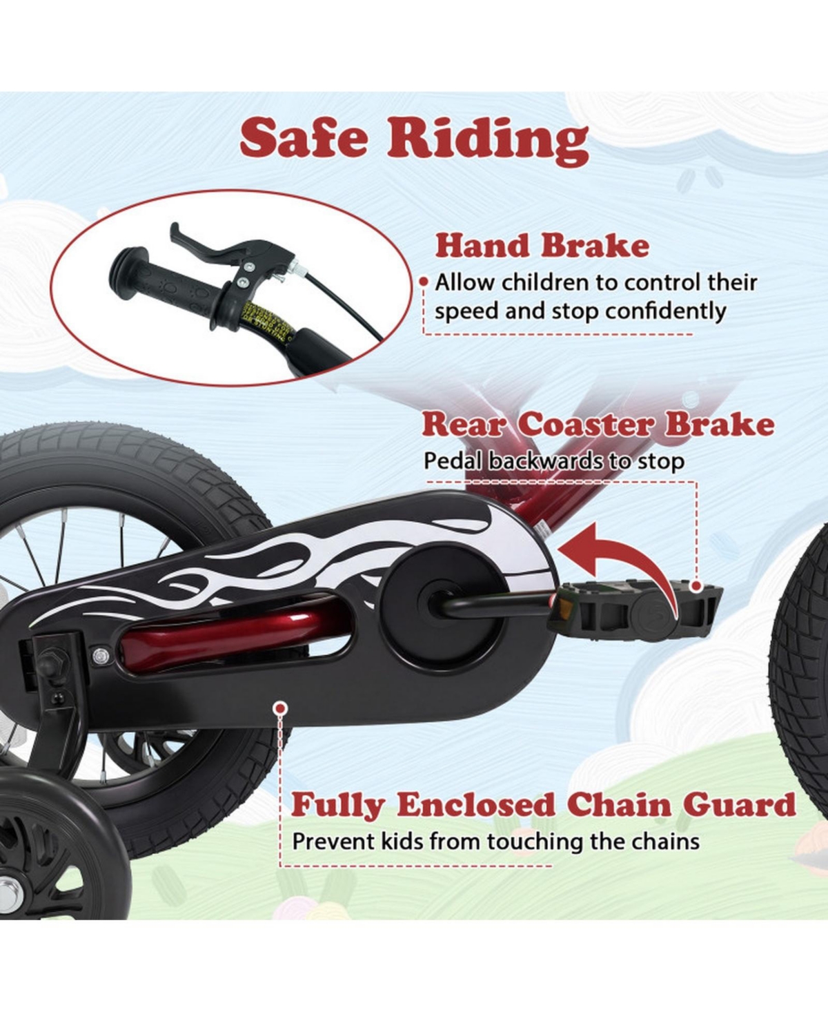 Hongge 12 in Motorcycle-Inspired Kids' Bike with Detachable Training Wheels, 143 lb Capacity, Ages 3-4