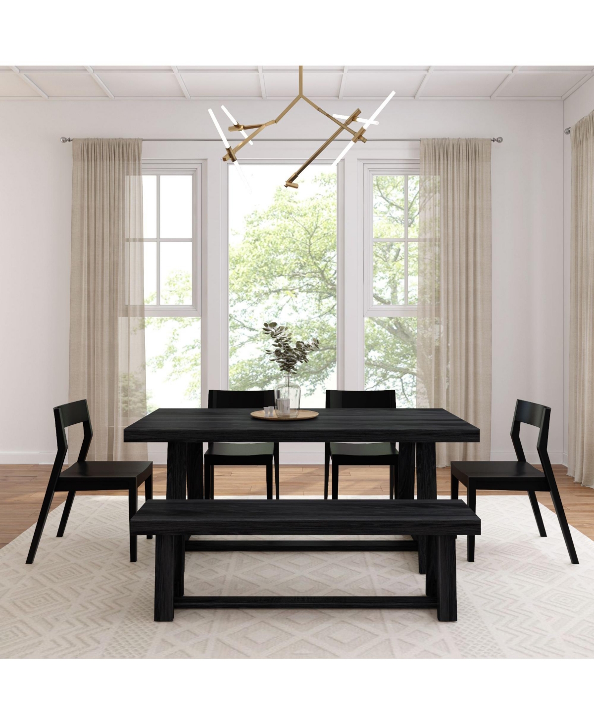 Plank+Beam 7 inch Classic Solid Wood Dining Table Set with Bench and 4 chairs