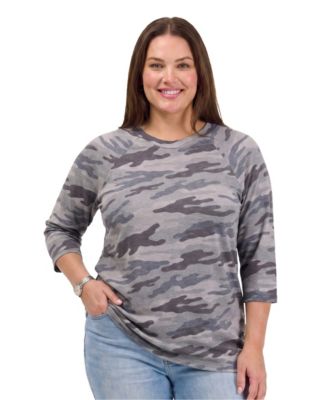 Plus Size Crewneck 3/4-Sleeve Camo T-Shirt