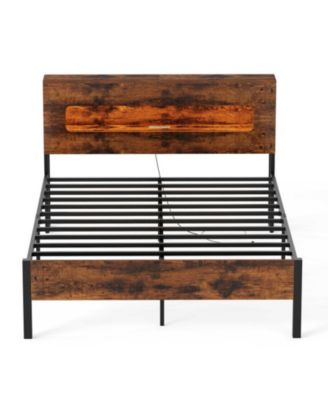 Full Size Slatted Bed Frame with LED Lights Storage Headboard and Charging Station