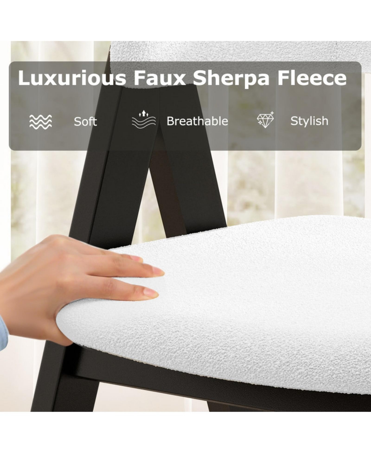 Sugift Set of 4 Mid-Century Modern Sherpa Upholstered Wooden Dining Chairs for Kitchen Dining Room