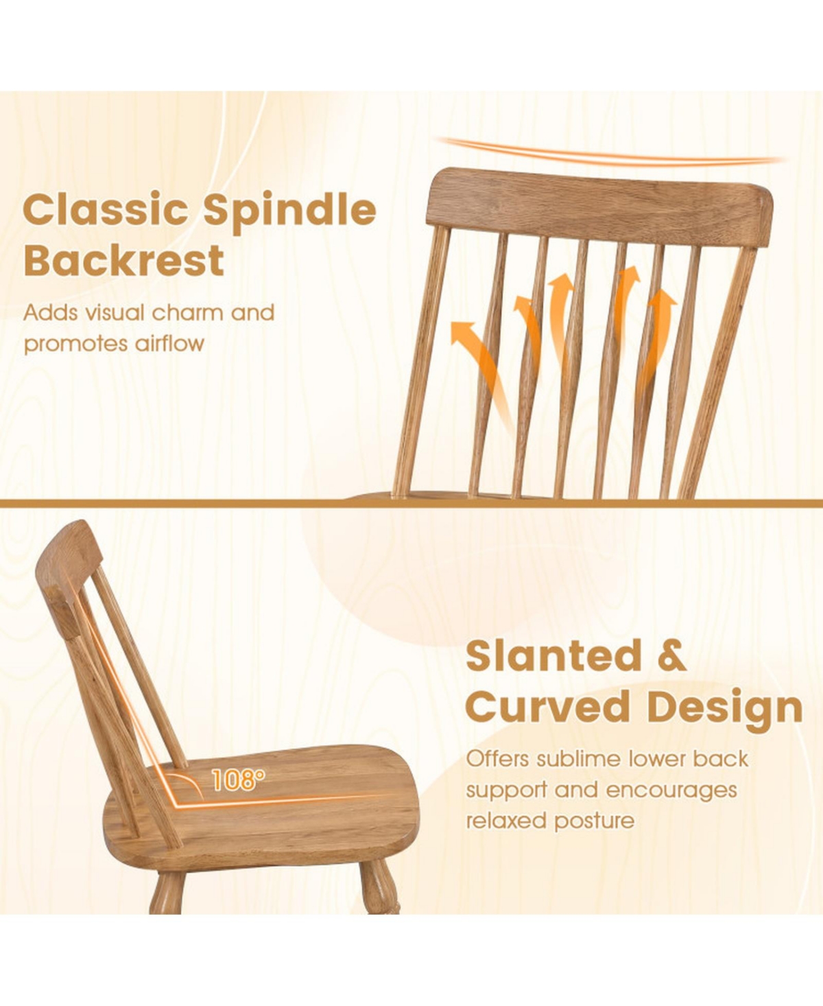 Sugift Set of 2 Windsor Dining Chairs with Curved Spindle Back Rubber Wood