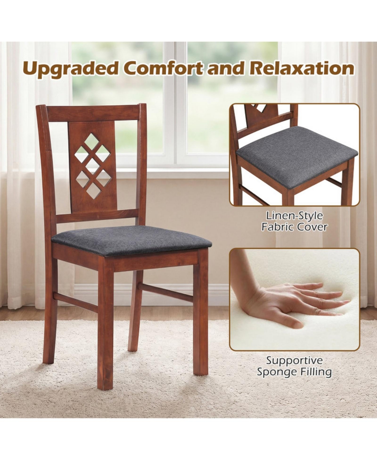 Sugift Set of 2 Linen Upholstered Kitchen Chairs with Wood Frames