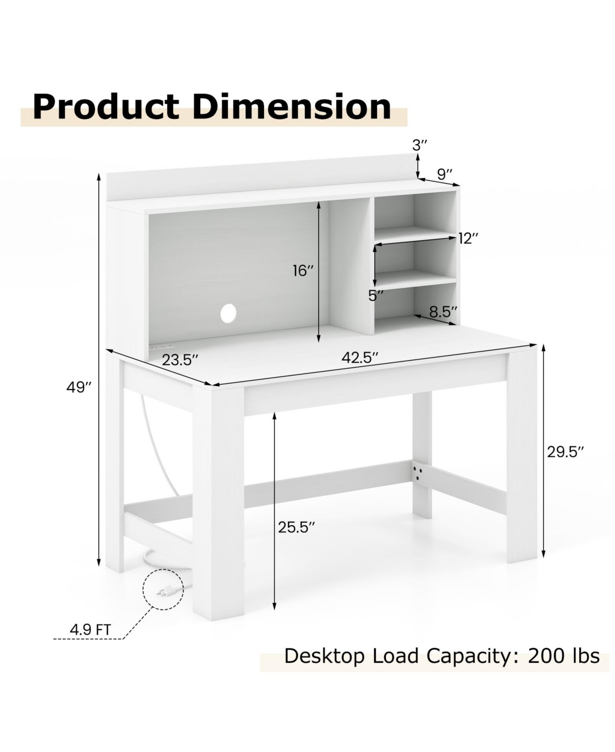 Sugift Modern Computer Desk with Hutch 3 Storage Shelves and Charging Station