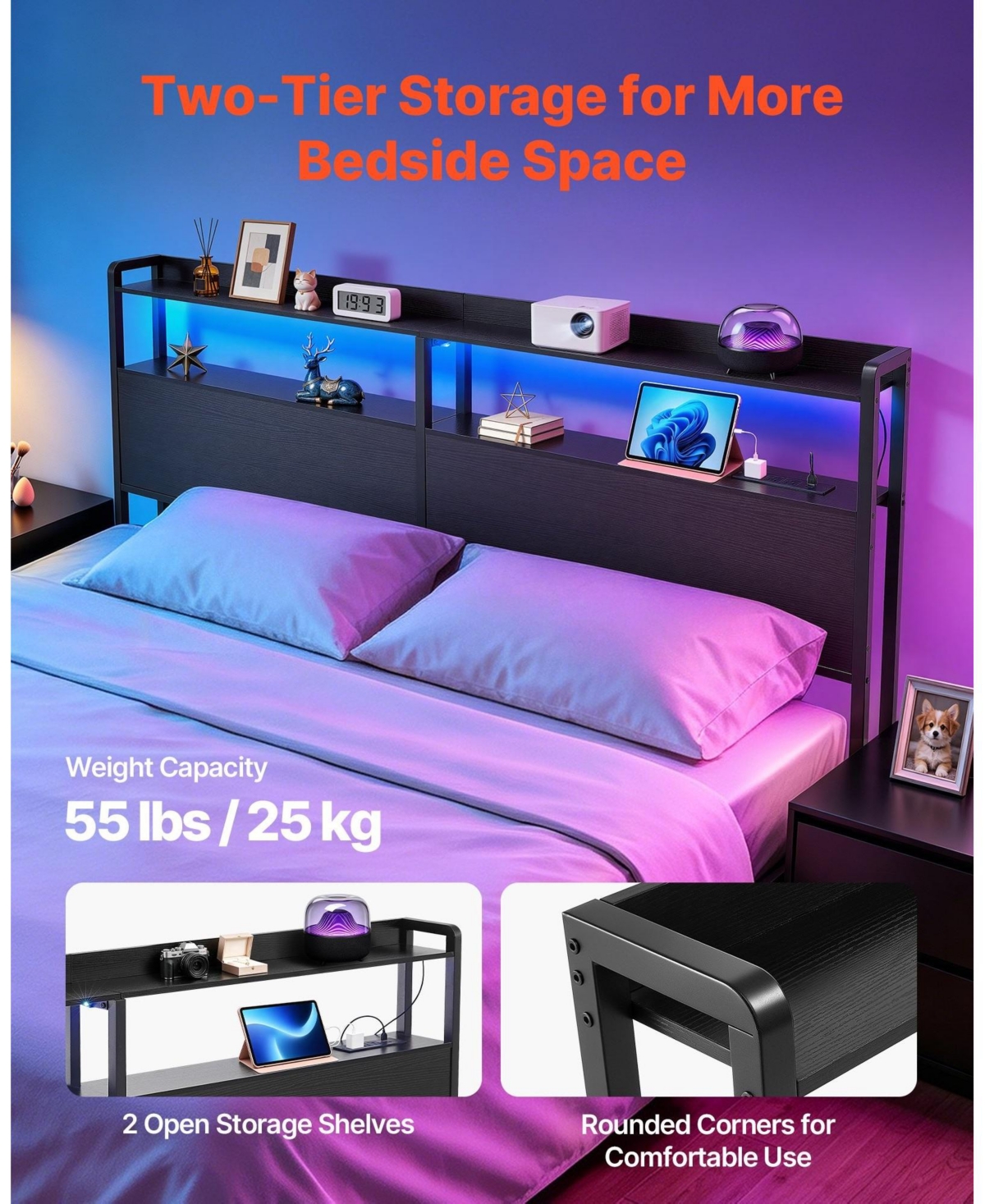 Sugift King Size Headboard with 2 Storage Shelves Led Light 3 Outlets 3 Usb Ports Adjustable Height
