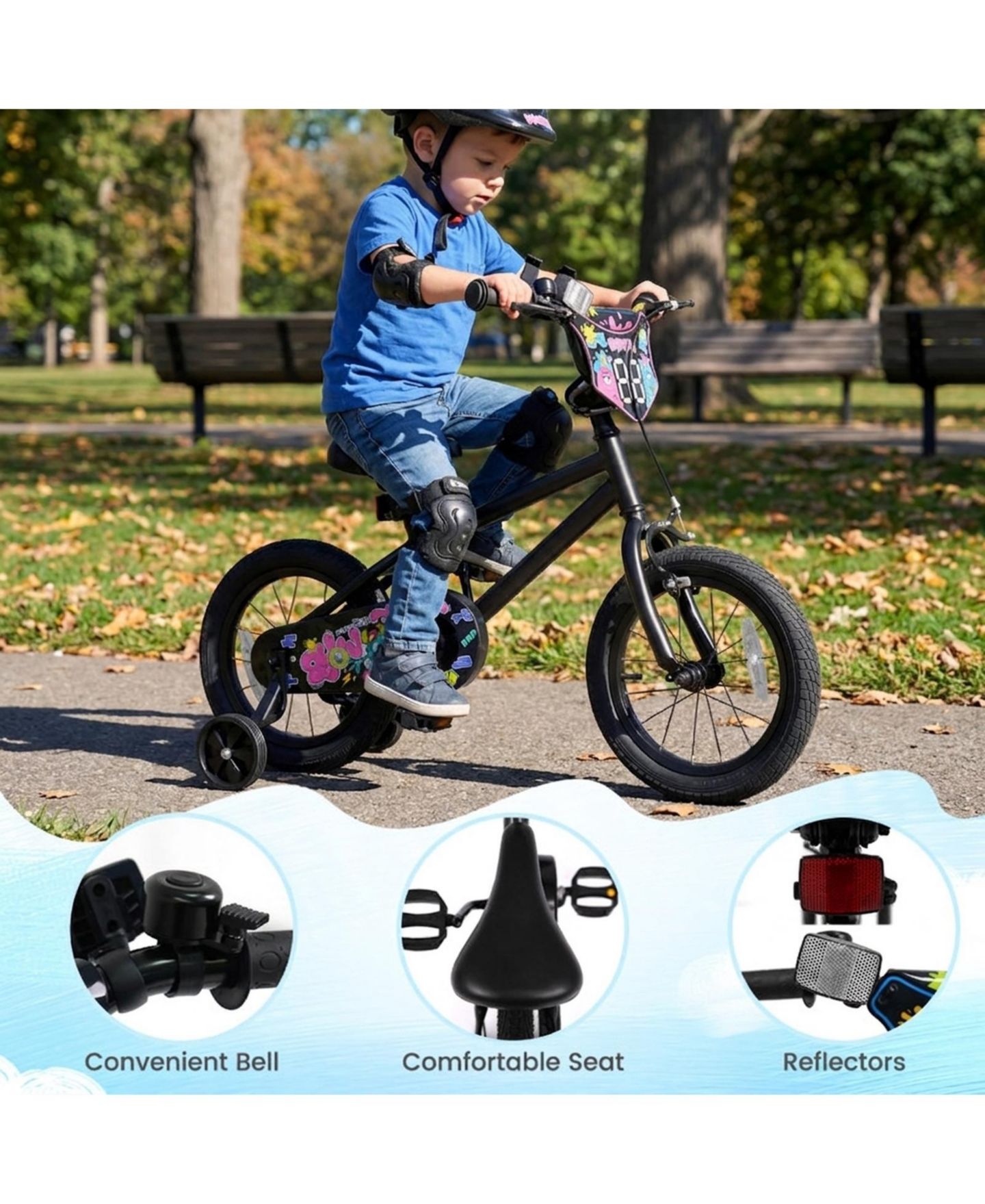 Детская игрушка HONGGE 14-Inch Kids Bike with Detachable Training Wheels and Dual Brakes, Ages 3-5, цвет: Чёрный — фото 9