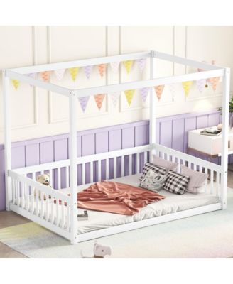 Canopy Frame Rubber Wood Floor Bed with Fence, Guardrails