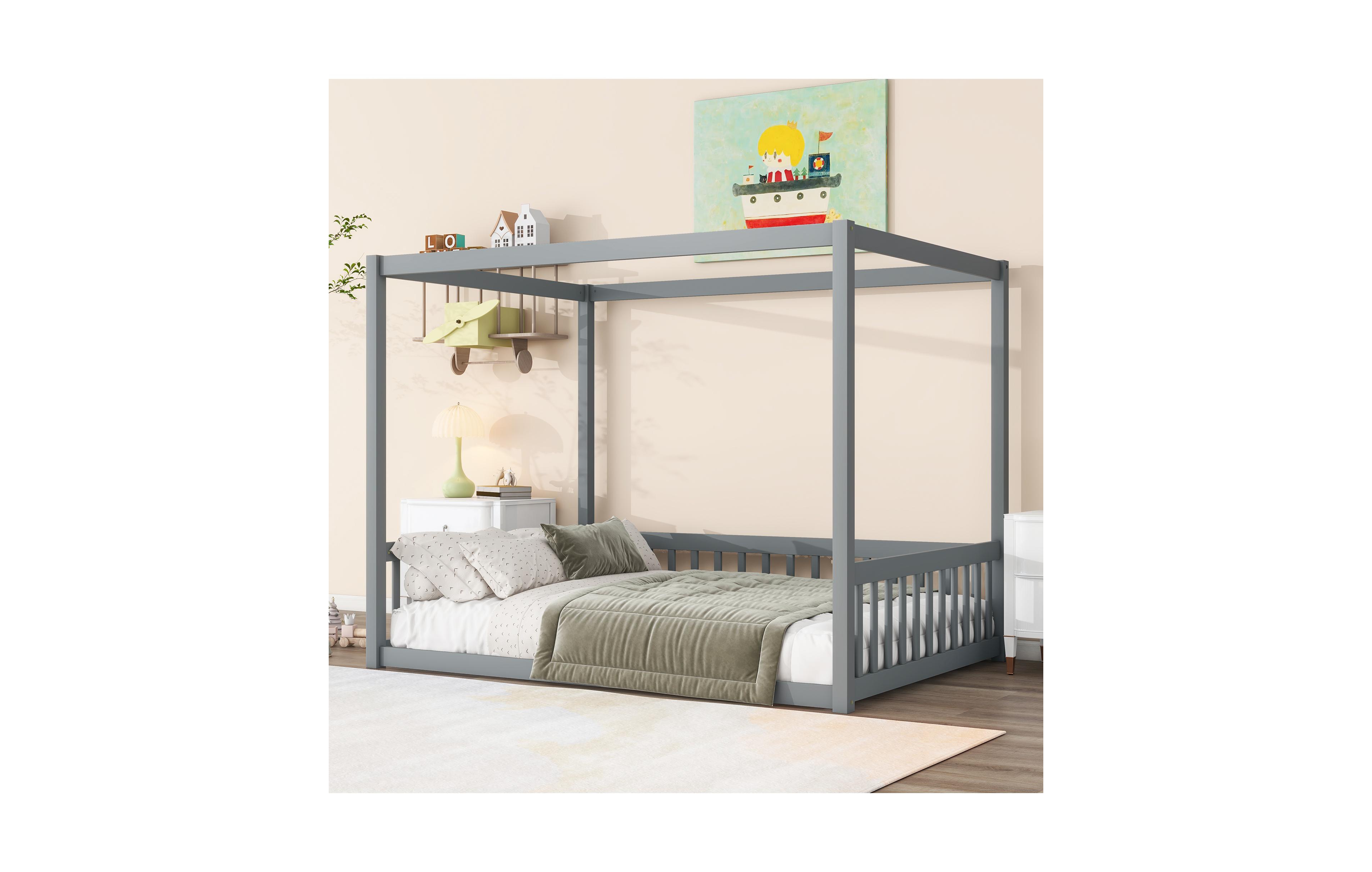 Sailvan Canopy Frame Rubber Wood Floor Bed with Fence, Guardrails