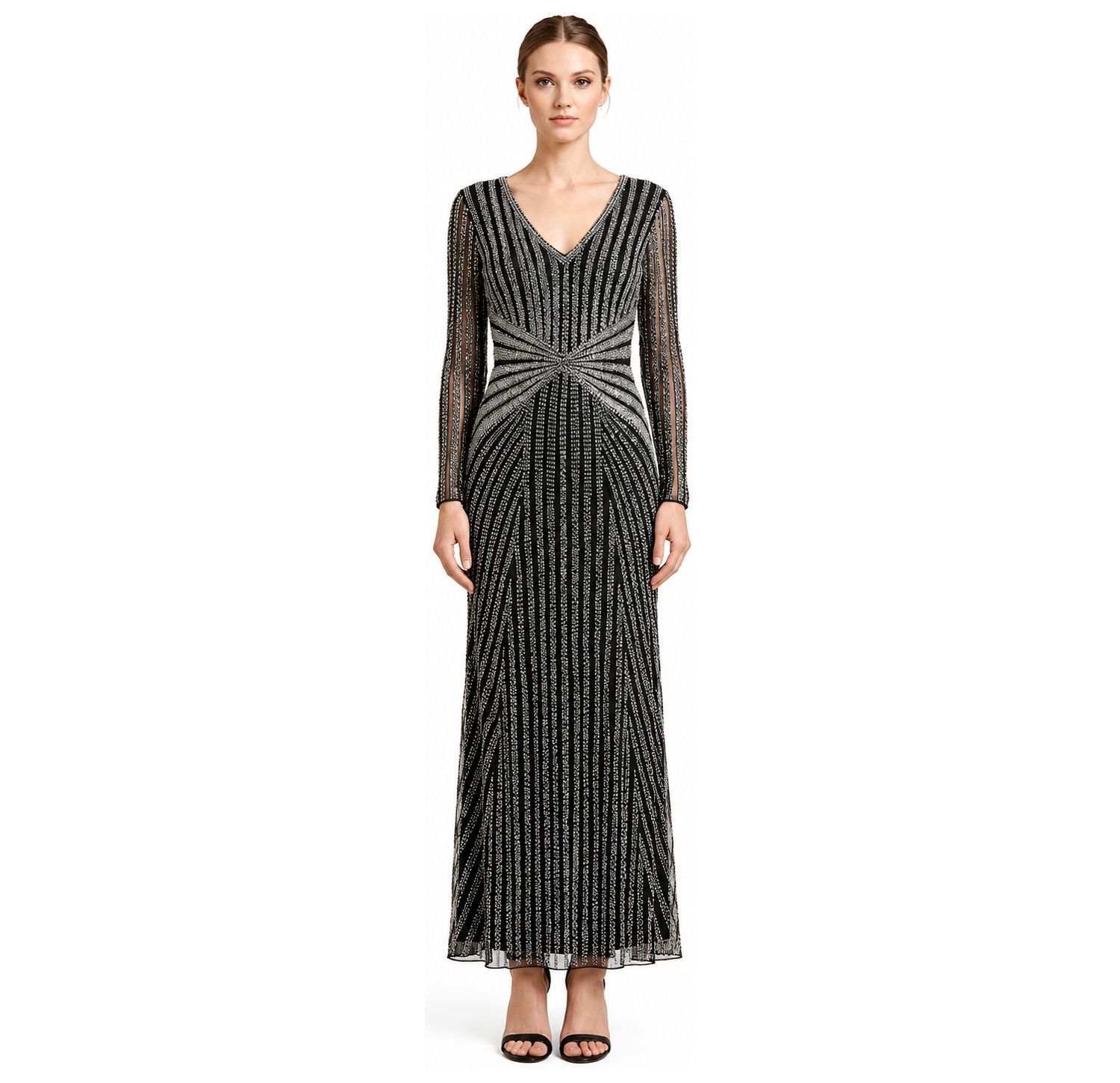 Women's Long-Sleeve Beaded V-Neck Gown