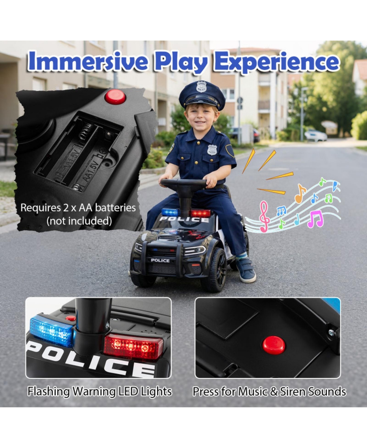Hongge Toddler Police Sliding Car with Steering Wheel and Storage, Ages 18 Months+