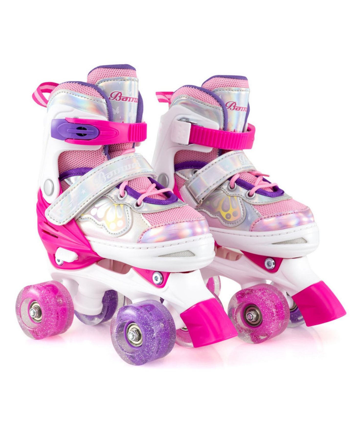 Детские игрушки HONGGE 4-Size Adjustable Kids Quad Roller Skates with Light-Up Wheels, Ages 5-8, цвет: Розовый красный — фото 1