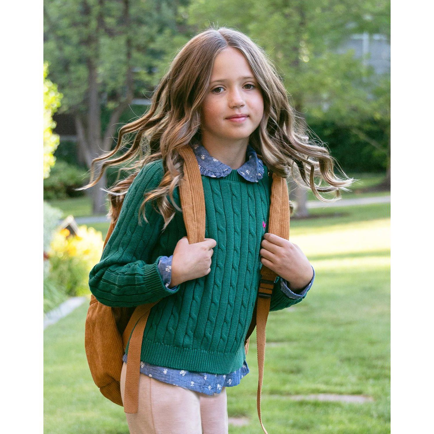 Girls' 4-16 Chambray Peter Pan Collar Puffed Long-Sleeve Blouse