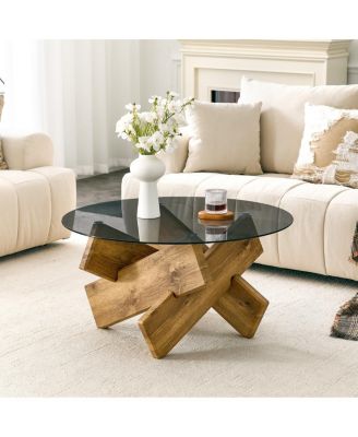  Artistic Cross-Style Round Glass and Wood Coffee Table