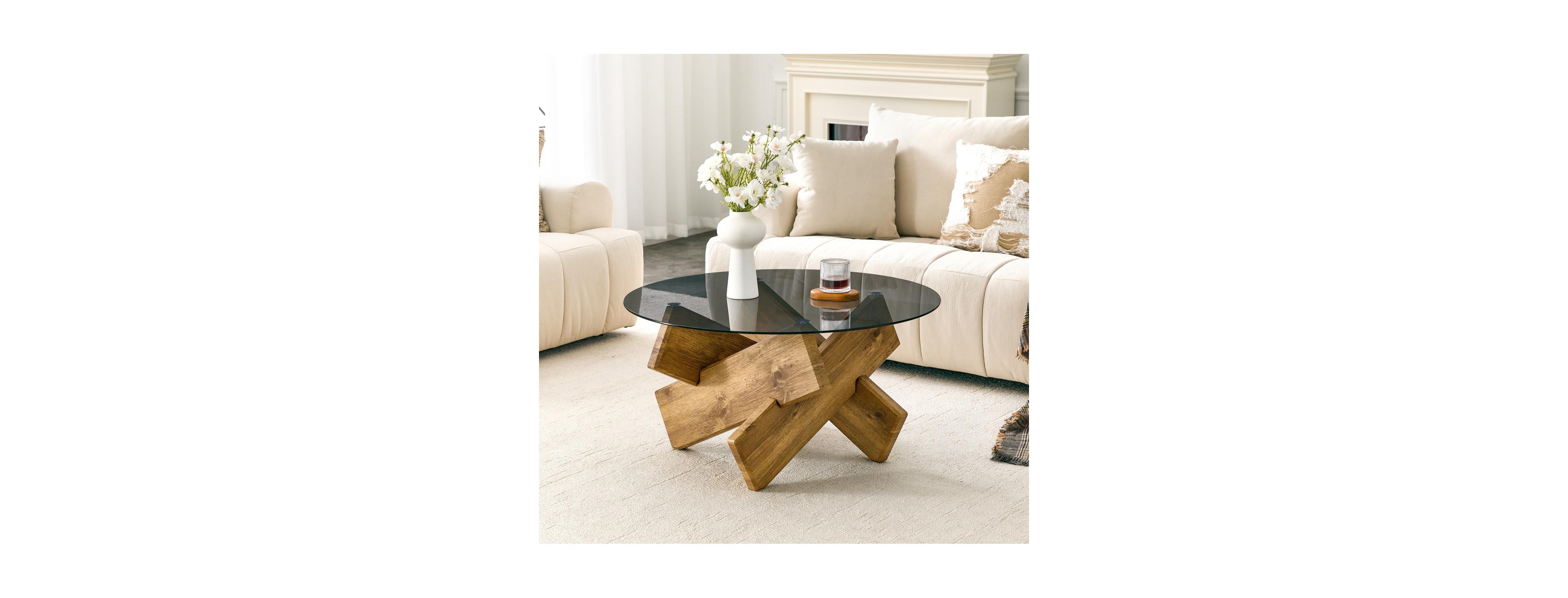 Streamdale Furniture Artistic Cross-Style Round Glass and Wood Coffee Table