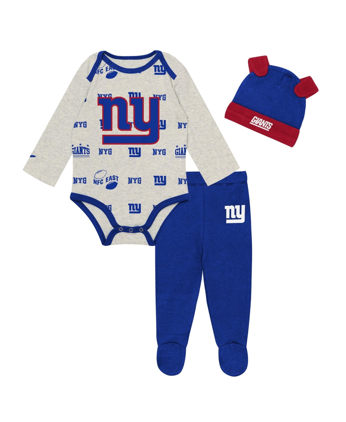 Outerstuff Baby Boys and Girls Heather Gray New York Giants Huddles Giggles 3-Piece Pant and Hat Set - Heather Gray, Rush Blue