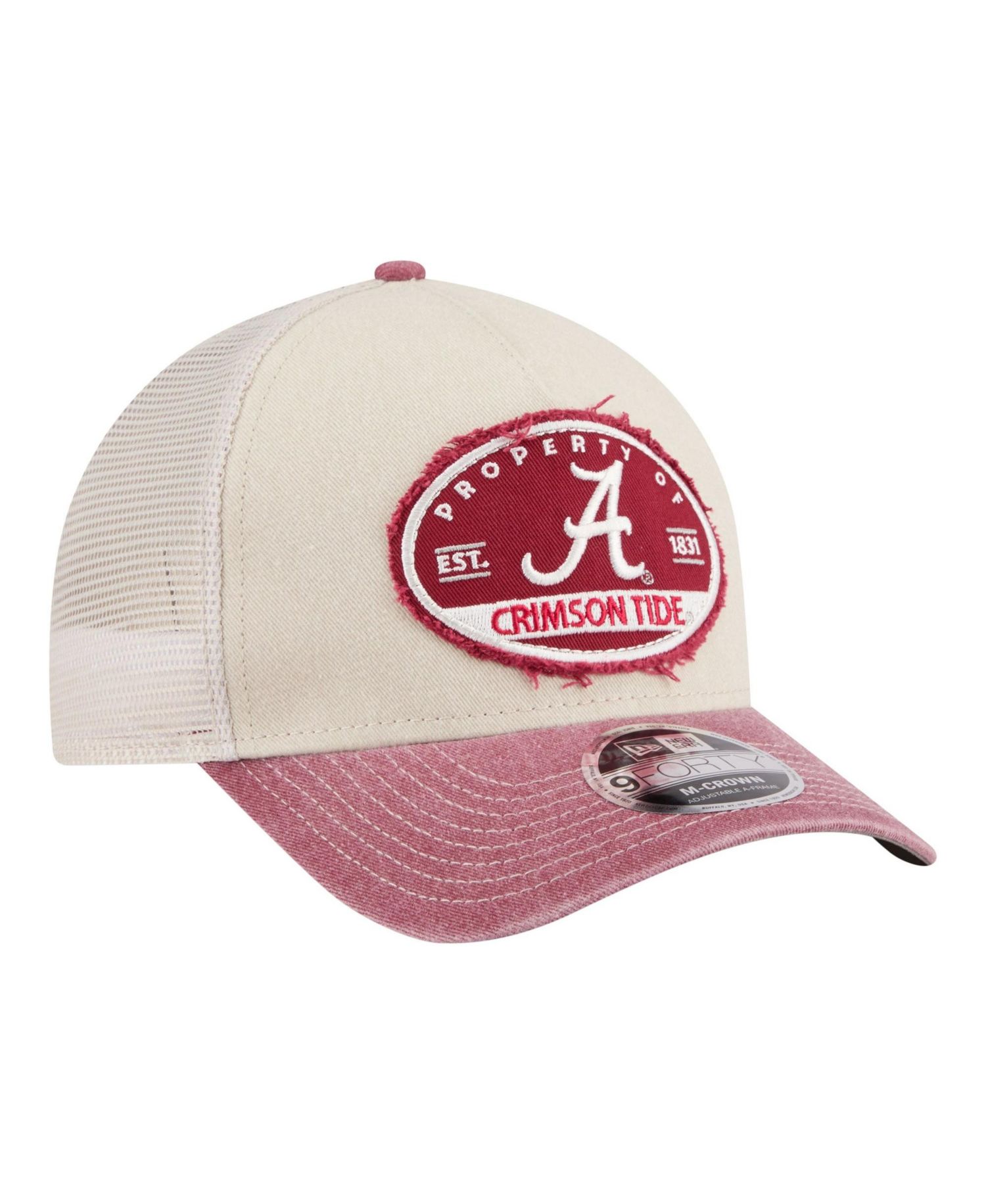 Men's Stone/Crimson Alabama Crimson Tide Frayed Patch 9FORTY M-Crown A-Frame Trucker Adjustable Hat