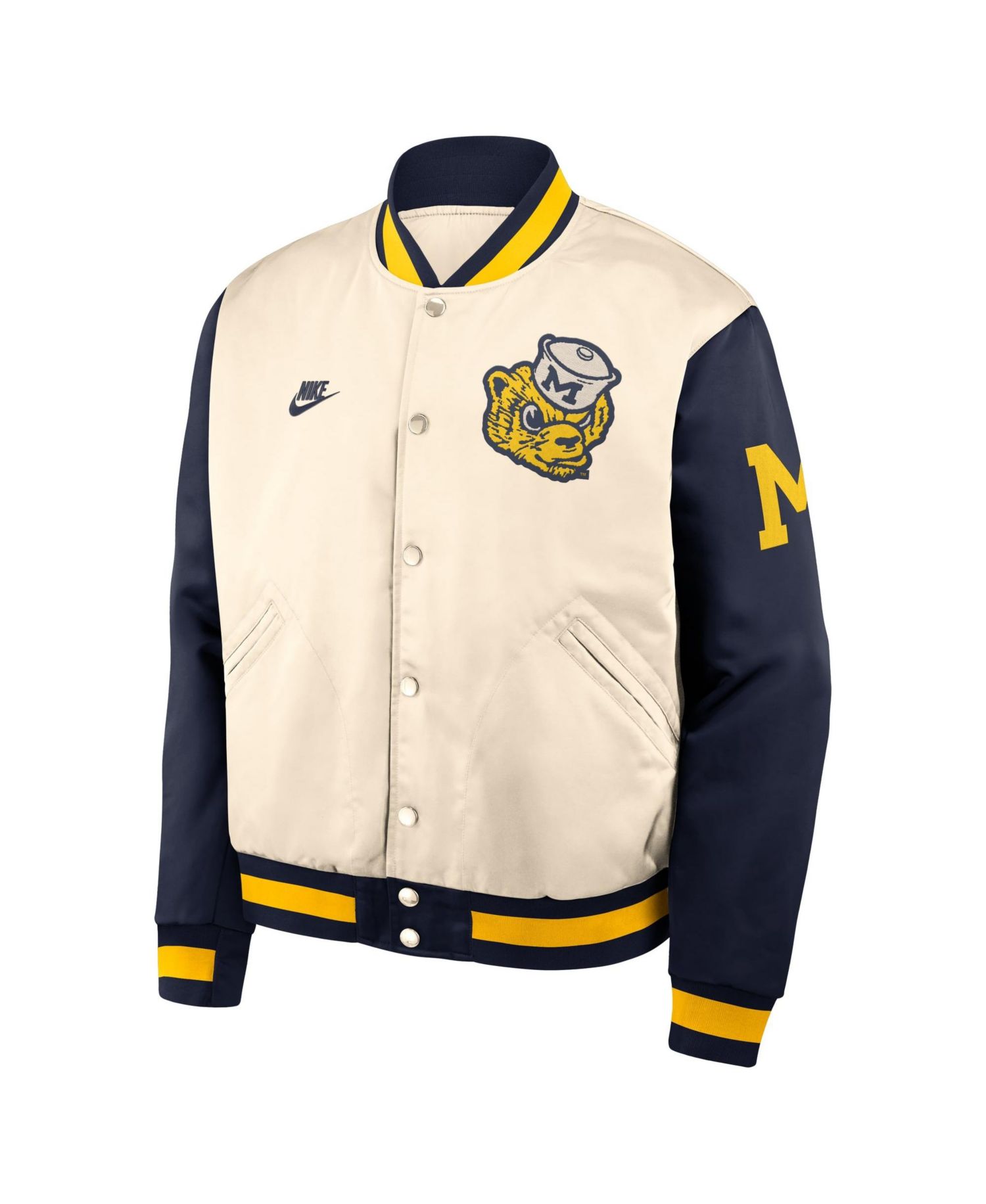 Men's Natural/Navy Michigan Wolverines Legacy Full-Snap Bomber Jacket