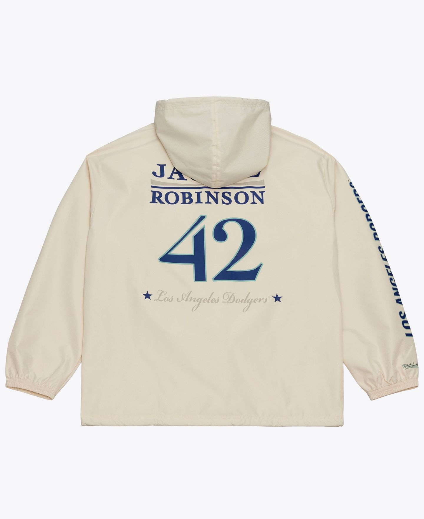 Мужская куртка Mitchell & Ness Jackie Robinson Cream Los Angeles Dodgers Full-Snap Yacht Rock Name & Number Hooded Coach's — фото 2
