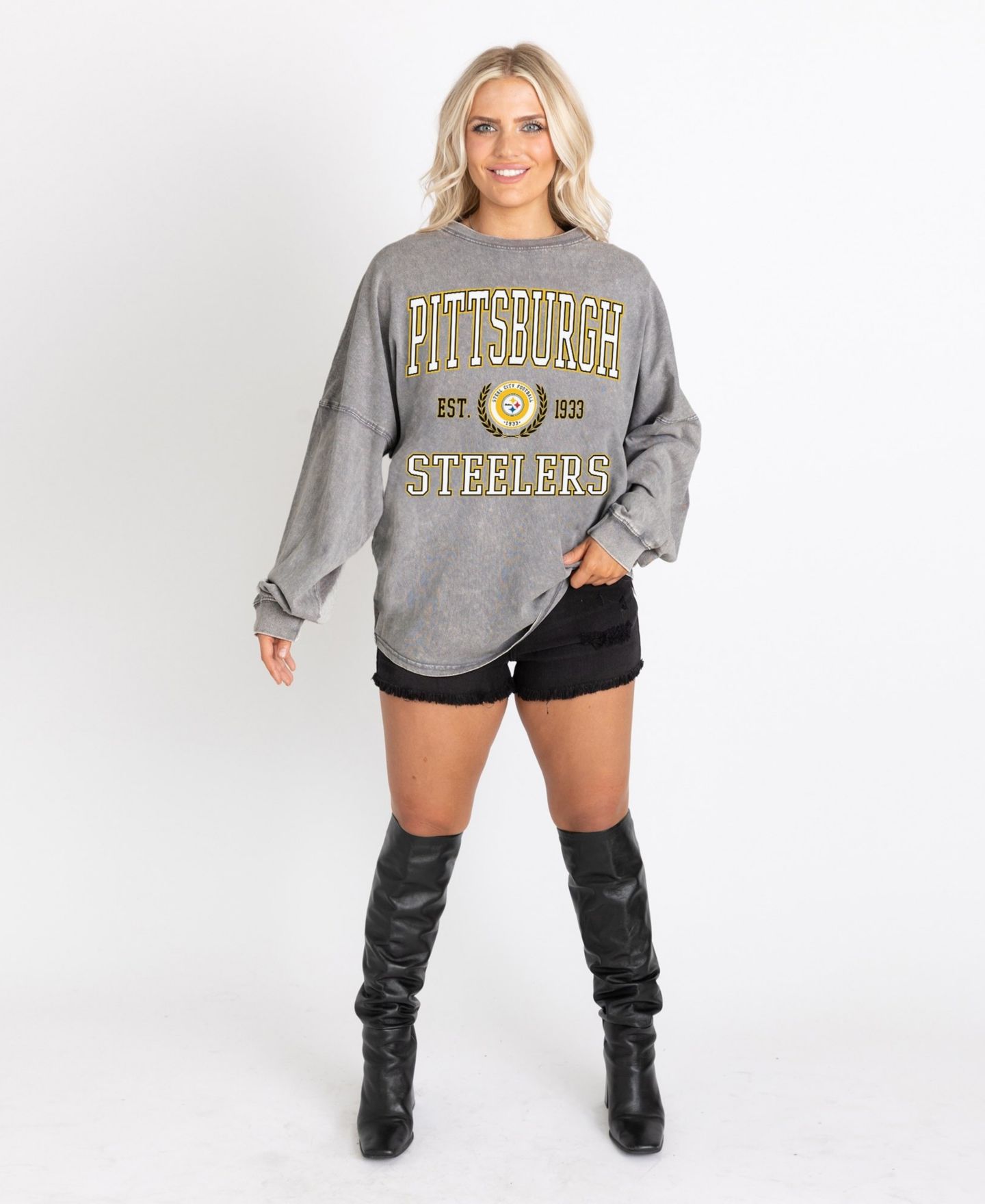 Женская футболка Gameday Couture Gray Pittsburgh Steelers Oversized Final Score Snow Wash Long Sleeve — фото 5