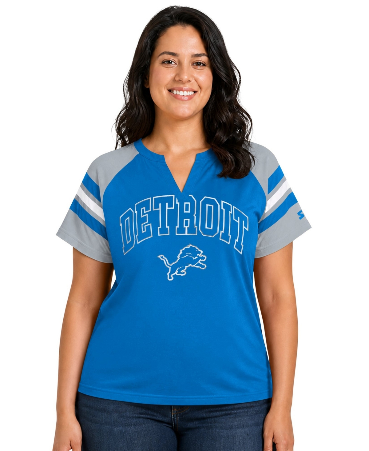 Starter Women's Blue Detroit Lions Plus Size Game On Notch Neck Raglan T-shirt