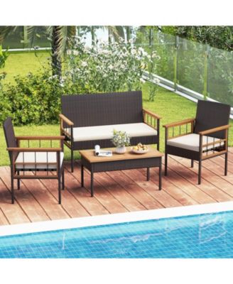 4 Piece Wicker Furniture Set with Acacia Wood Tabletop Armrests Cushions for Backyard