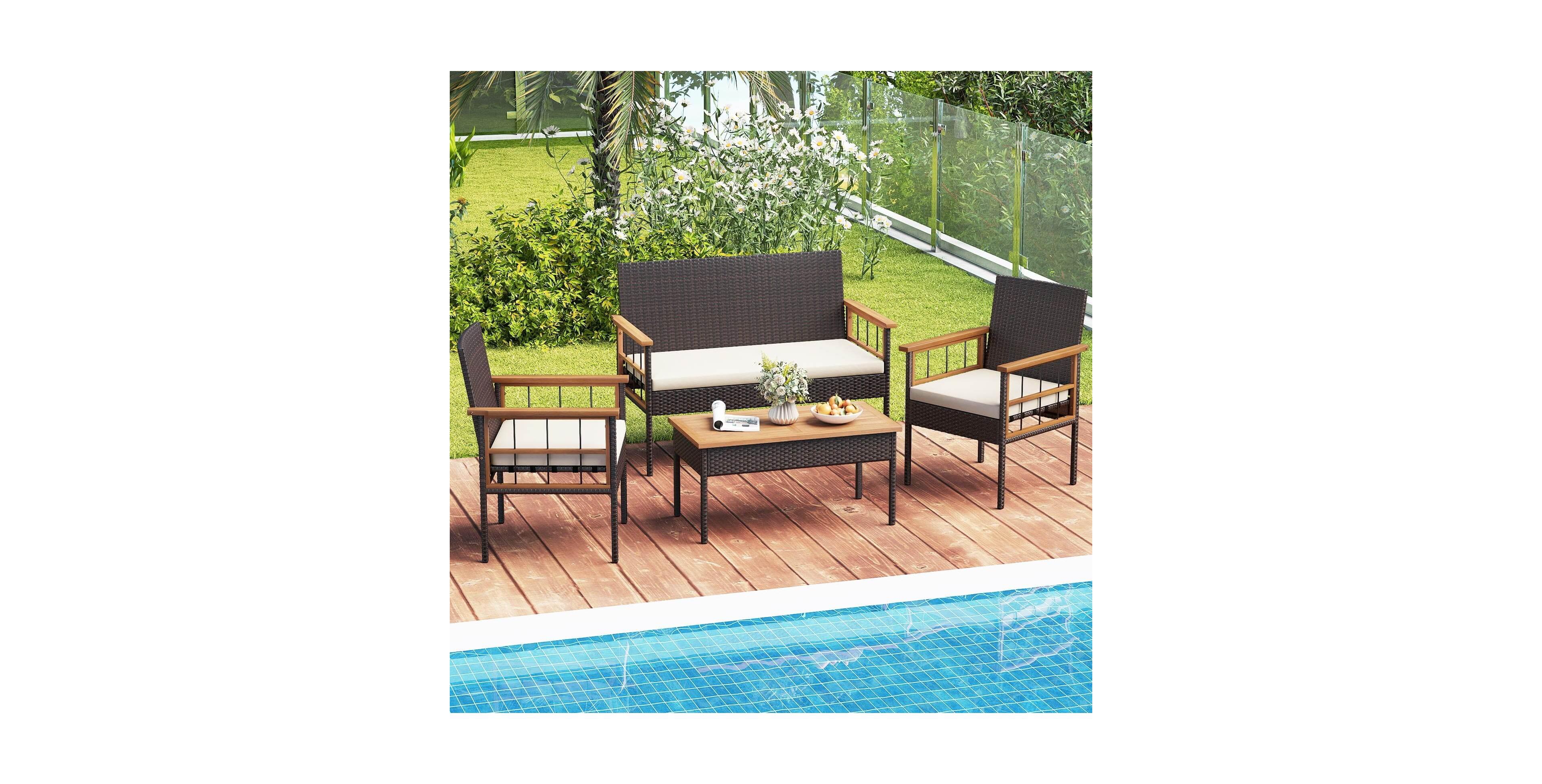 Costway 4 Piece Wicker Furniture Set with Acacia Wood Tabletop Armrests Cushions for Backyard