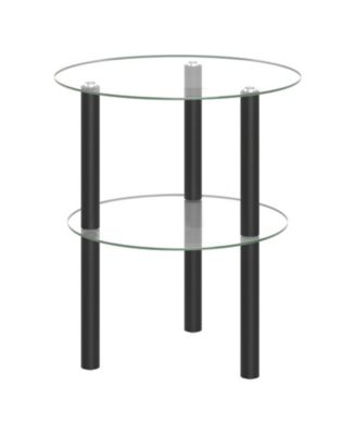 2-Tier Round End Table with Tempered Glass Top and Rubber Wood Legs