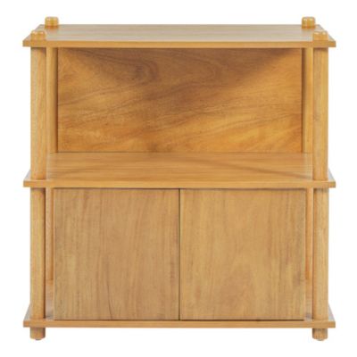 Natural Wood Nightstand, 2 Open Shelves and 2-Door Storage Cabinet Push-to-Open Side Table