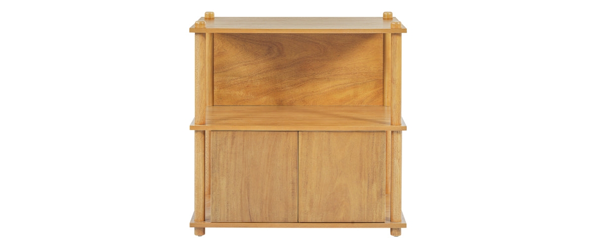 Flynama Natural Wood Nightstand, 2 Open Shelves and 2-Door Storage Cabinet Push-to-Open Side Table