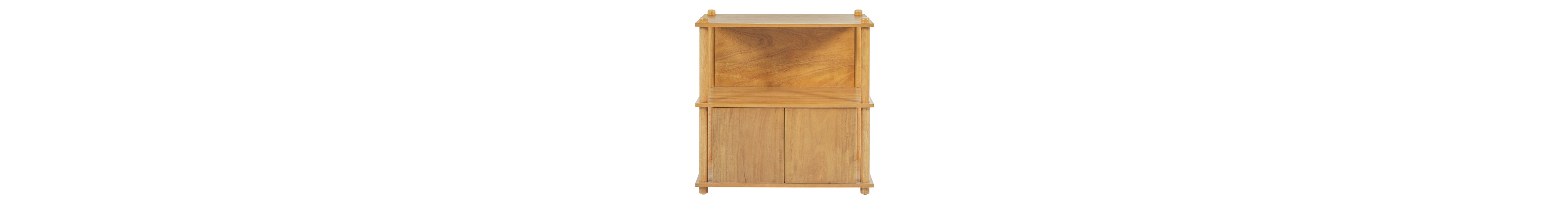 Flynama Natural Wood Nightstand, 2 Open Shelves and 2-Door Storage Cabinet Push-to-Open Side Table