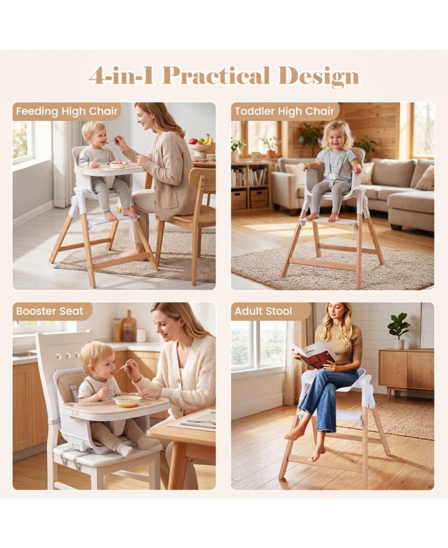 4-in-1 Convertible Baby High Chair with Detachable Double Trays