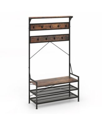 4-in-1 Hall Tree with 11 Hanging Hooks Shoe Bench and 2-Tier Metal Shoe Rack