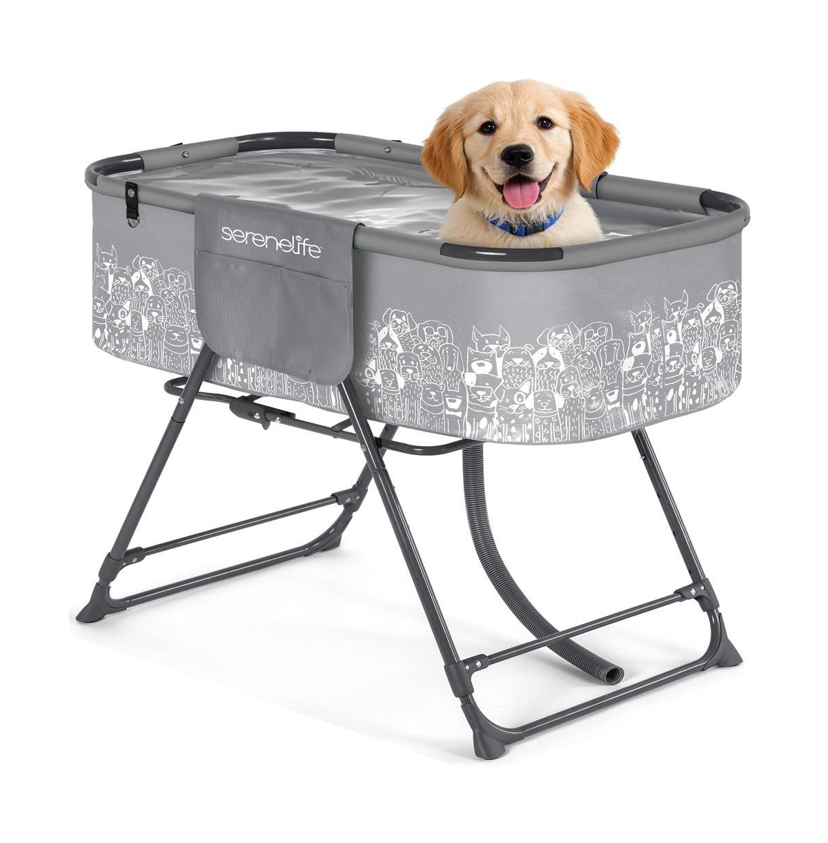 SereneLife Foldable Dog Bath Tub, Adjustable Height Grooming Station with Drain Hose and Storage, 130 lb Capacity - Gray