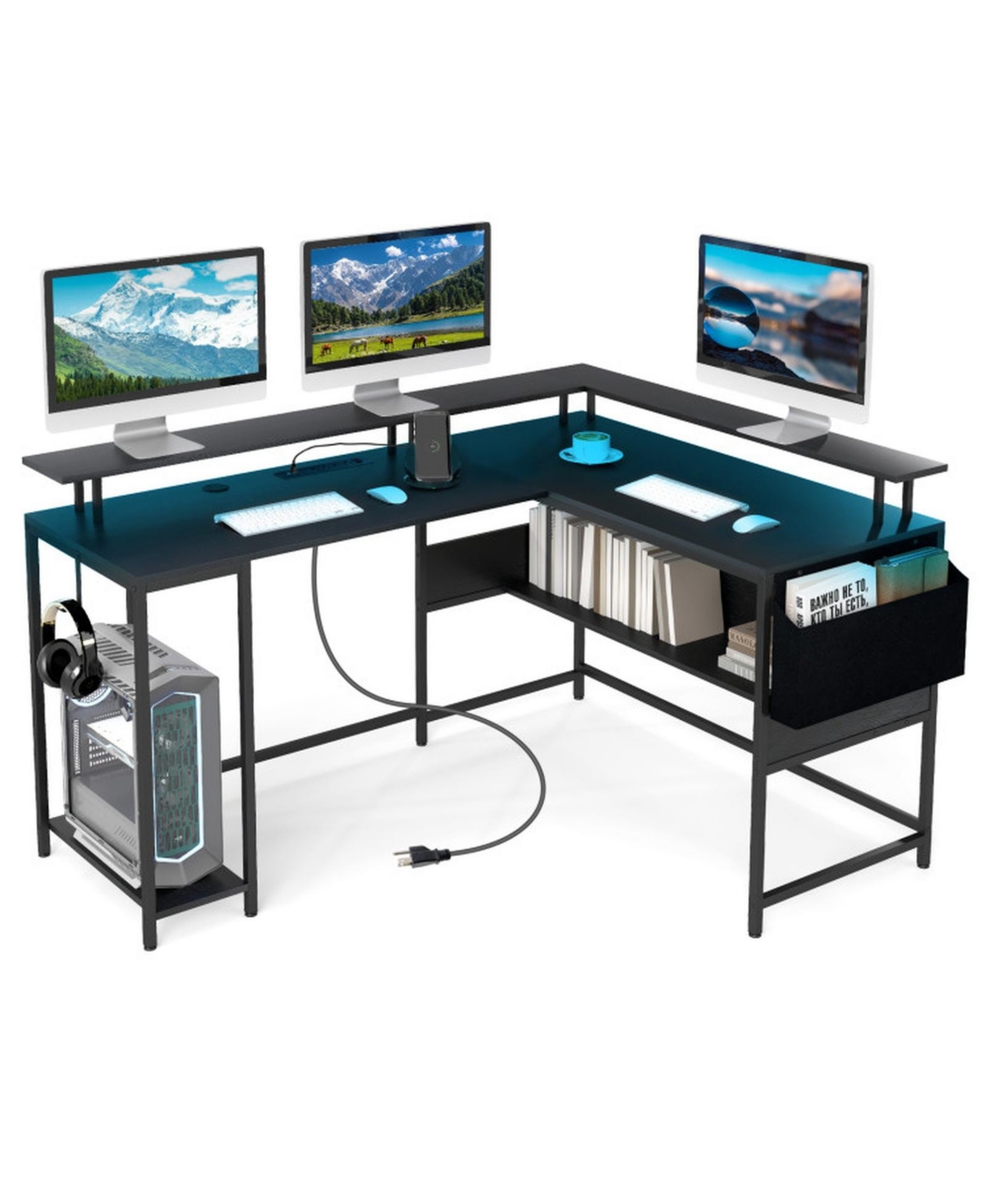Gouun L-Shaped Gaming Desk with Led Lighting and 4 Power Outlets - Black