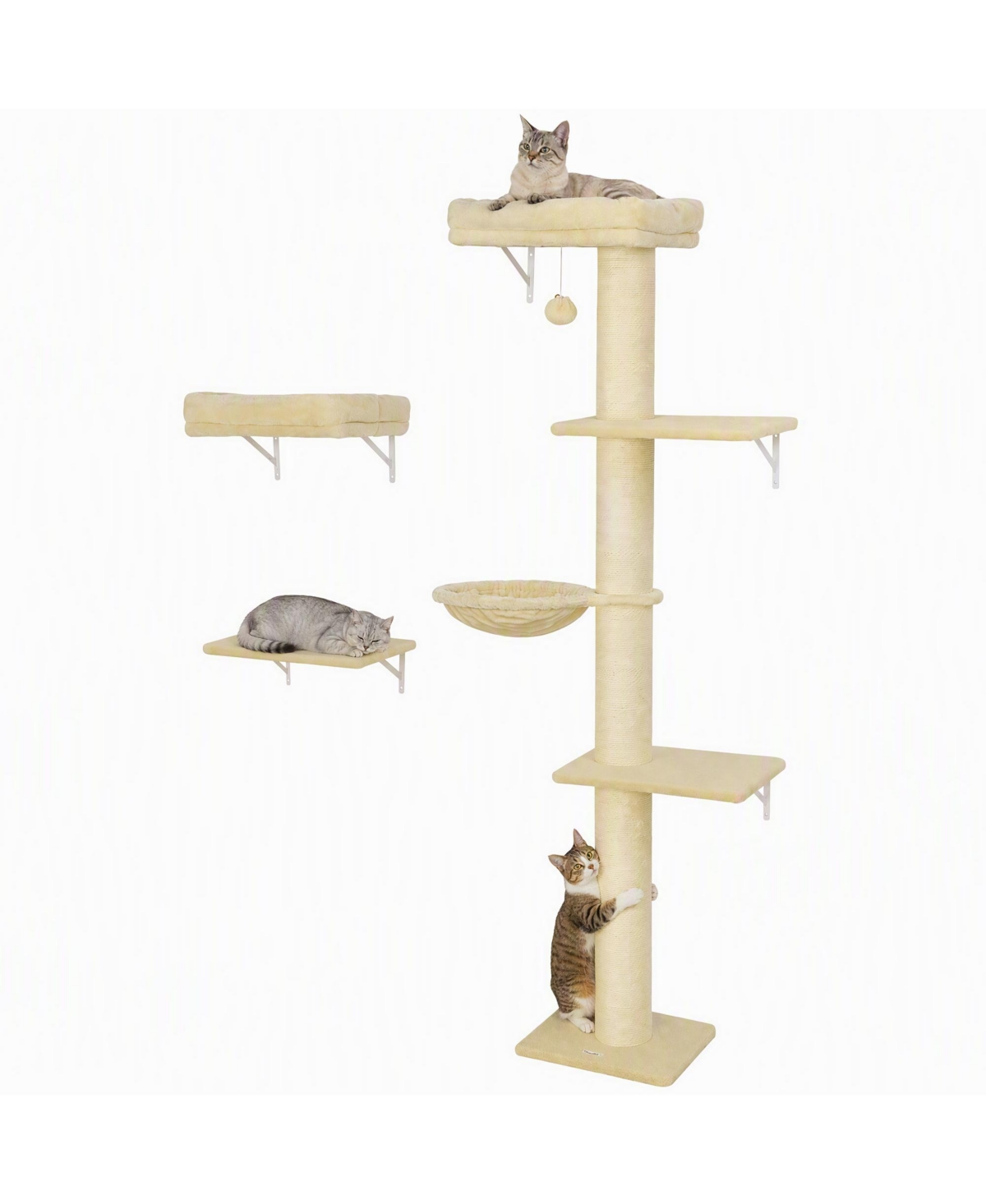 PawHut Cat Wall Shelves, 3-in-1 Cat Wall Furniture Set with Scratching Post - Beige