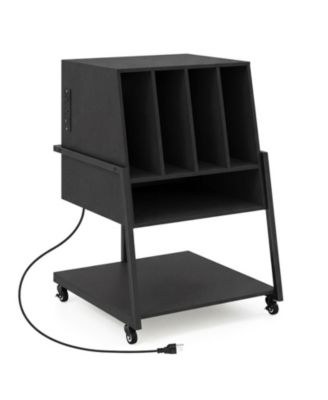 Rolling Record Player Stand with Power Outlets and Vinyl Storage