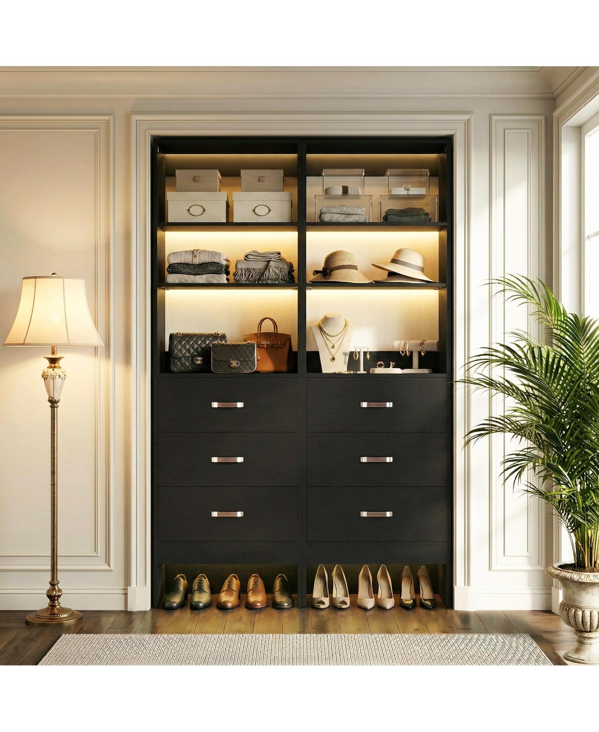 Aheaplus Wooden Set of 2 Closet Organizer System with 3 Drawers and Hanging Rods - Black
