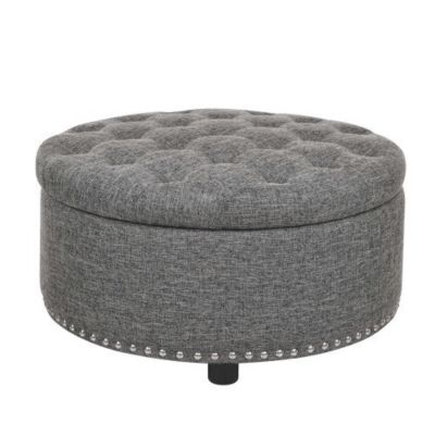 Ottoman Tufted Storage Ottoman with Linen Upholstery and Nailhead Trim