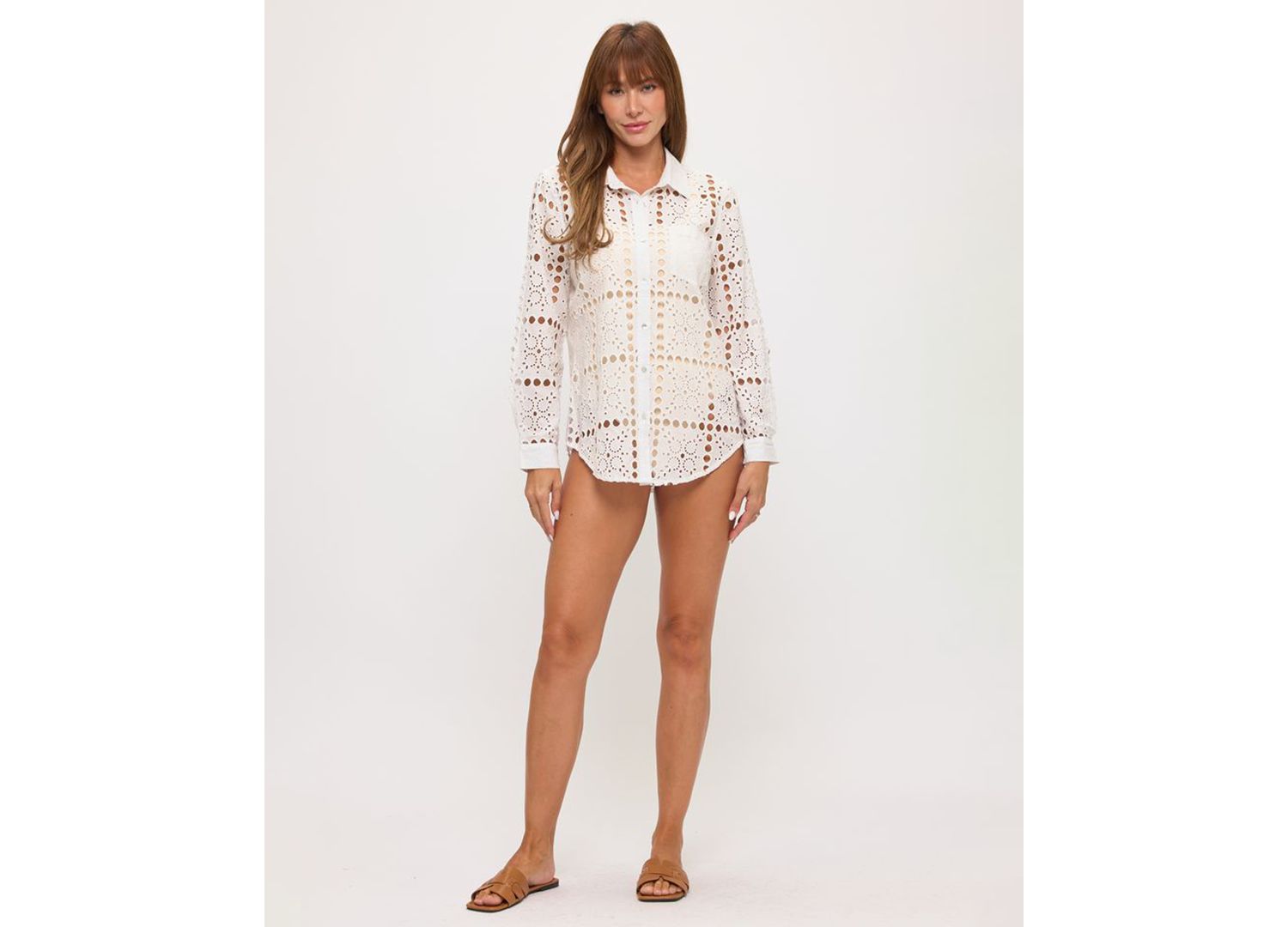 Women's Eyelet Openwork Dot Long-Sleeve Beach Shirt