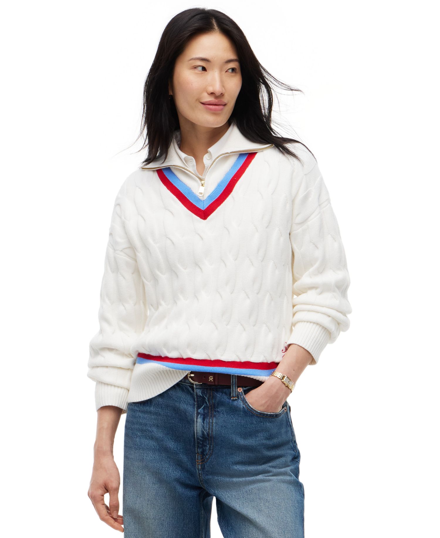 Women's Cable Half Zip Cricket Turtleneck Relaxed-Fit Sweater