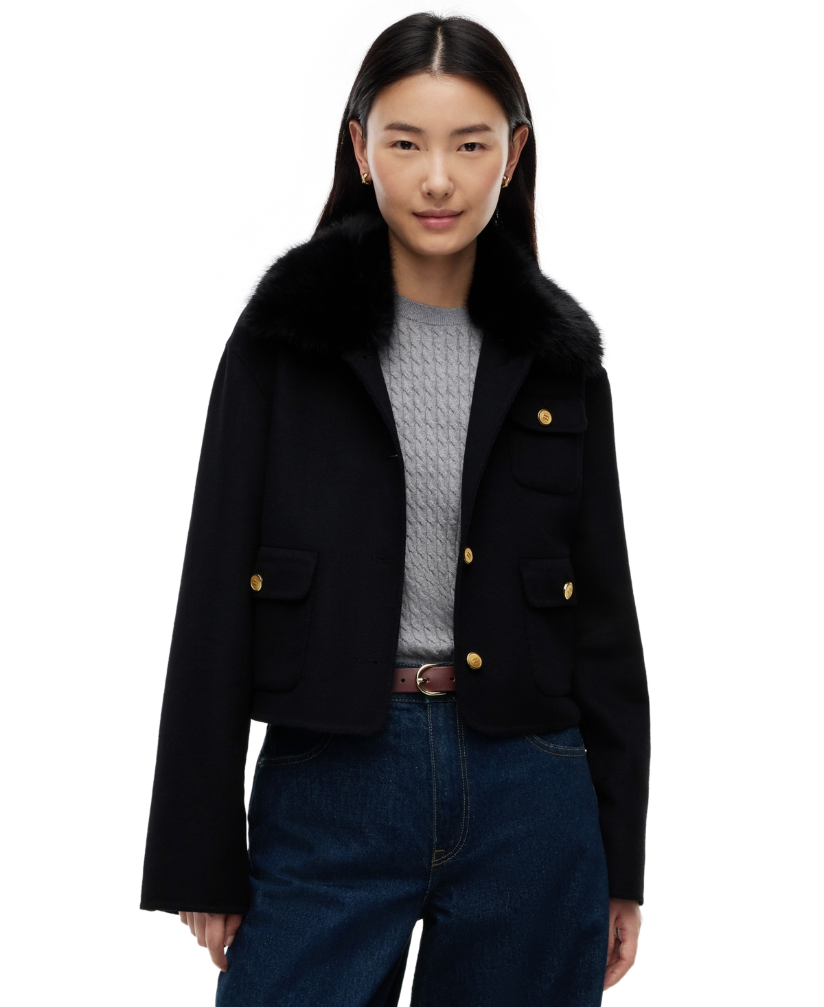 Tommy Hilfiger Women's Wool-Blend Cropped Jacket with Faux Fur - Black