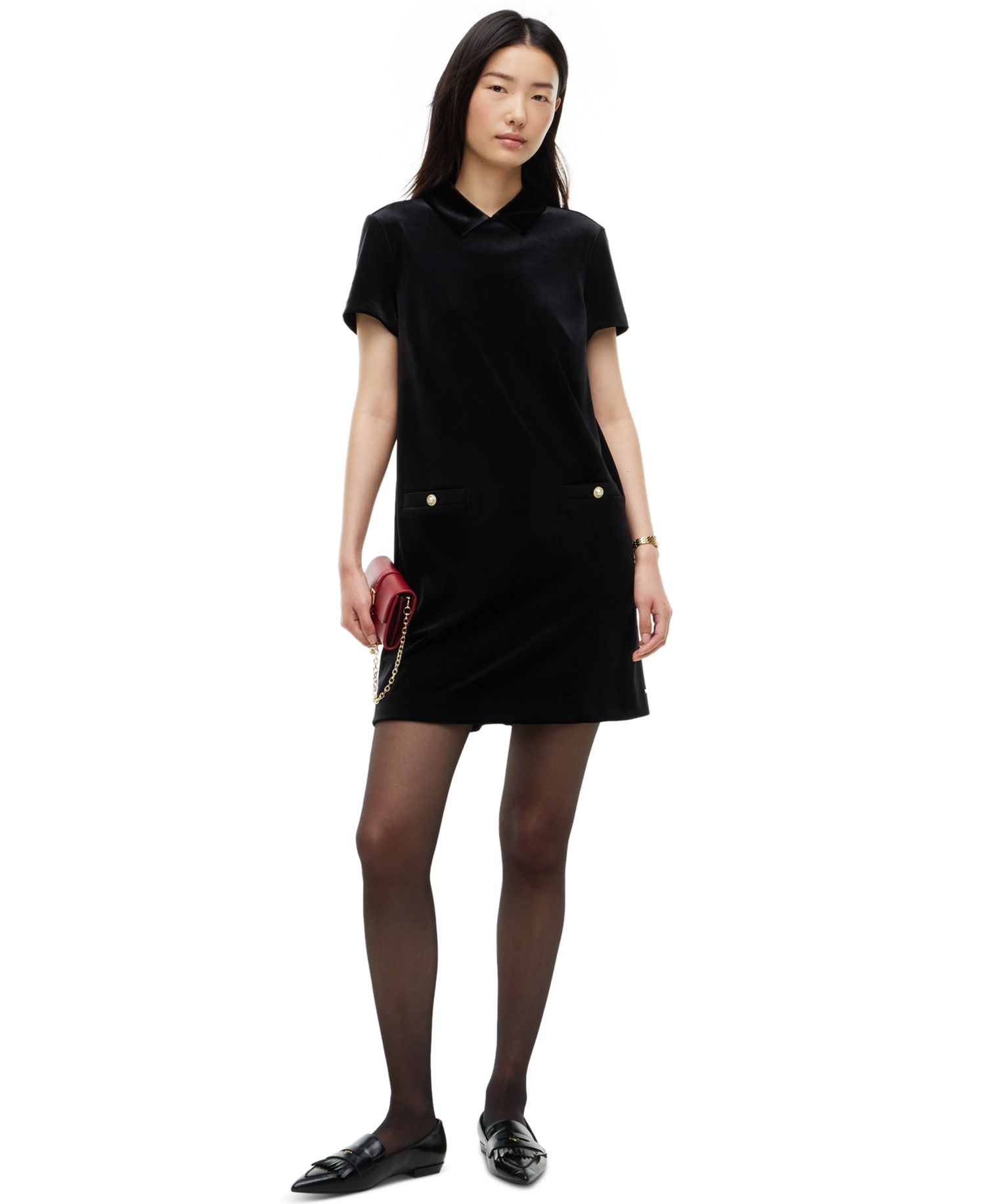 Women's Velvet Short-Sleeve Point Collar Mini Dress
