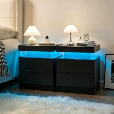 Set of 2 LED Nightstands with Drawers