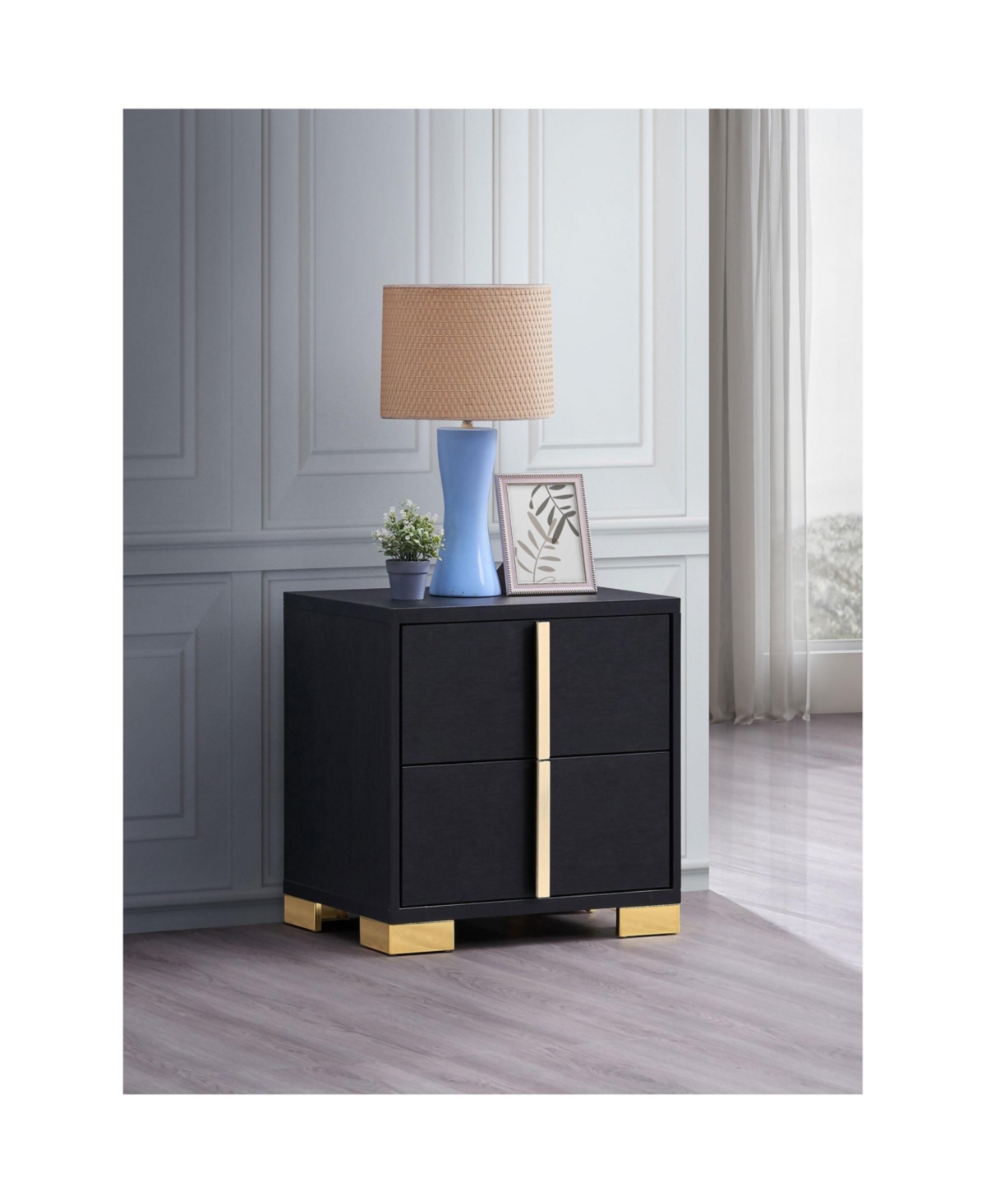 Flynama 2-Drawer Nightstand with Gold Accents, Modern Art Deco Bedside Table