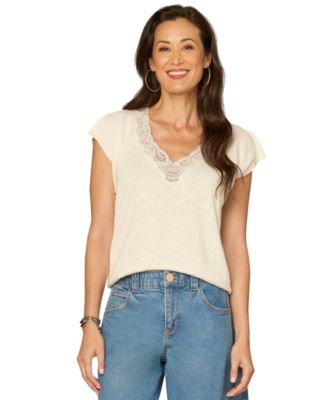 Women's Embroidered-Lace Short-Split-Sleeve Sweater