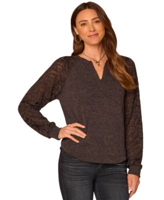 Women's Mandarin-Collar Half-Placket Mixed-Media Knit Blouse