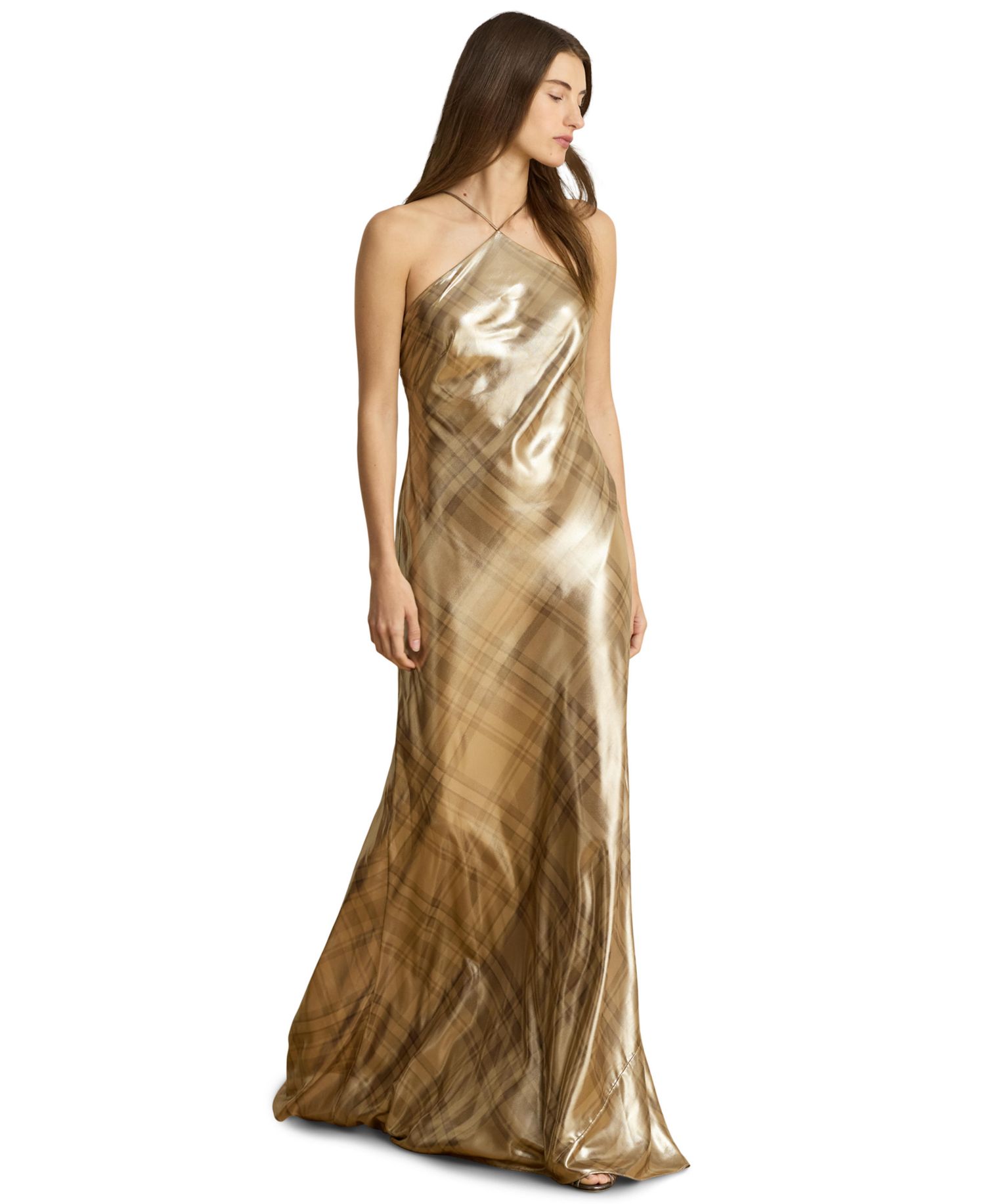 Women's Halter Metallic Plaid Gown