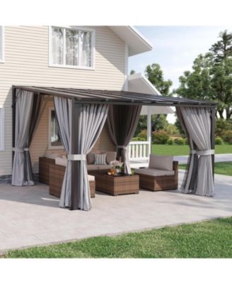 12'x10' Wall Mounted Lean to Gazebo, Aluminum Pergola with Polycarbonate Roof, Curtains and Mosquito Net